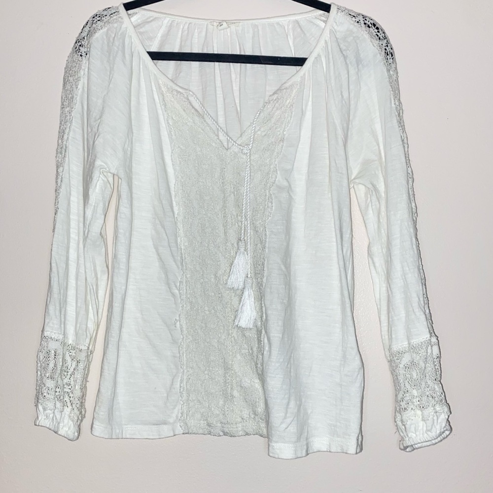 Joie Feyah White Crochet Lace Embroidered Tassel White Boho Long Sleeve Top - Picture 2 of 7
